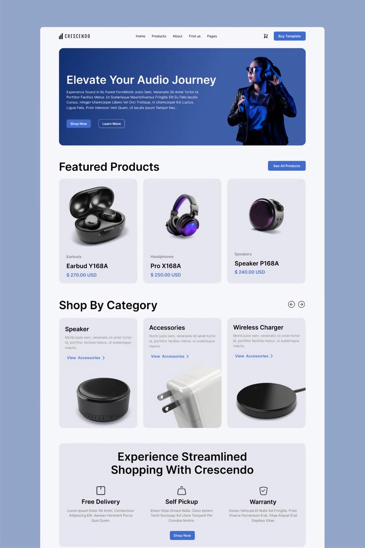 Crescendo audio store e-commerce design — featured products and categories