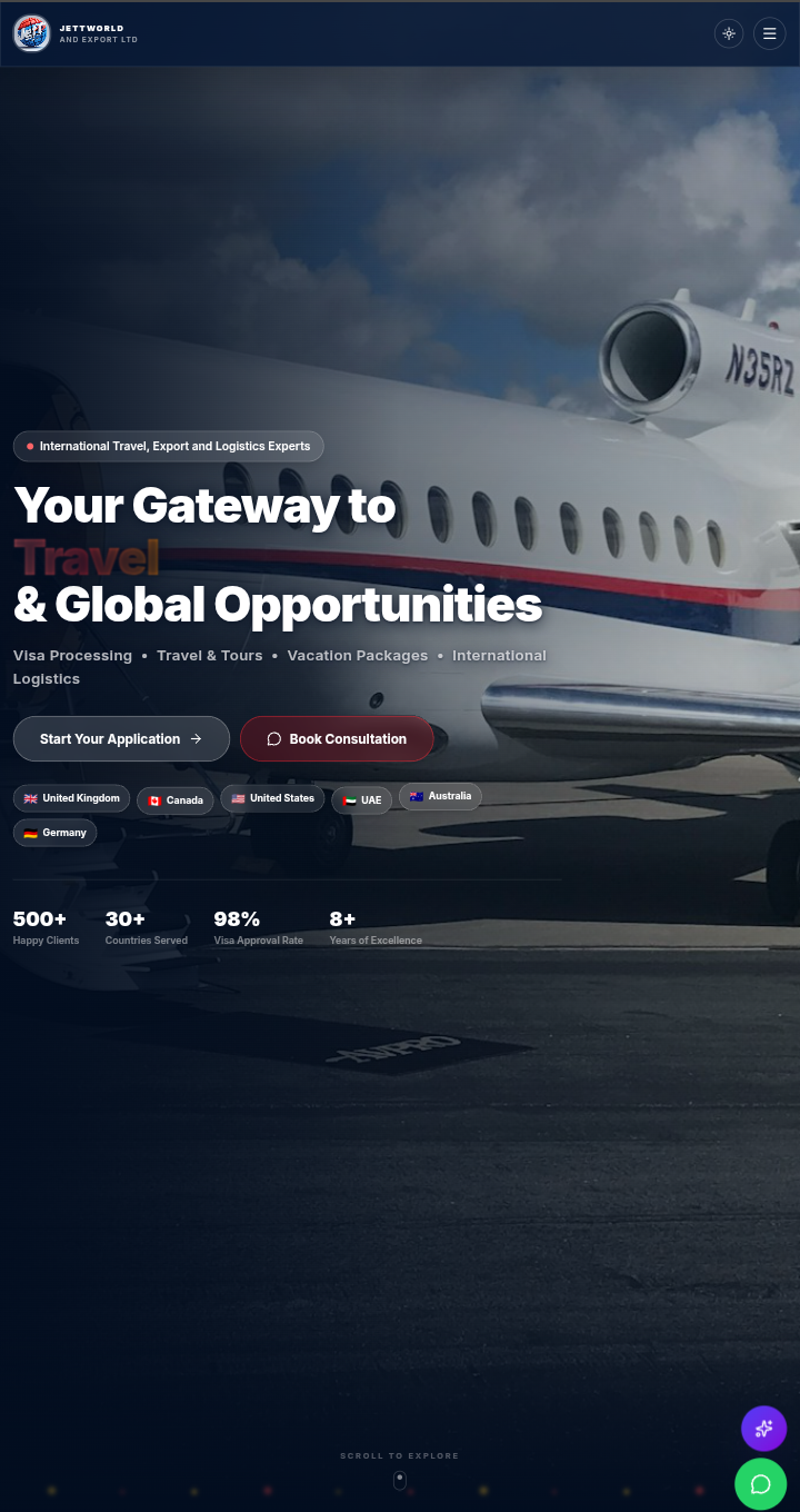 Jettworld and Export Ltd website hero — gateway to travel and global opportunities