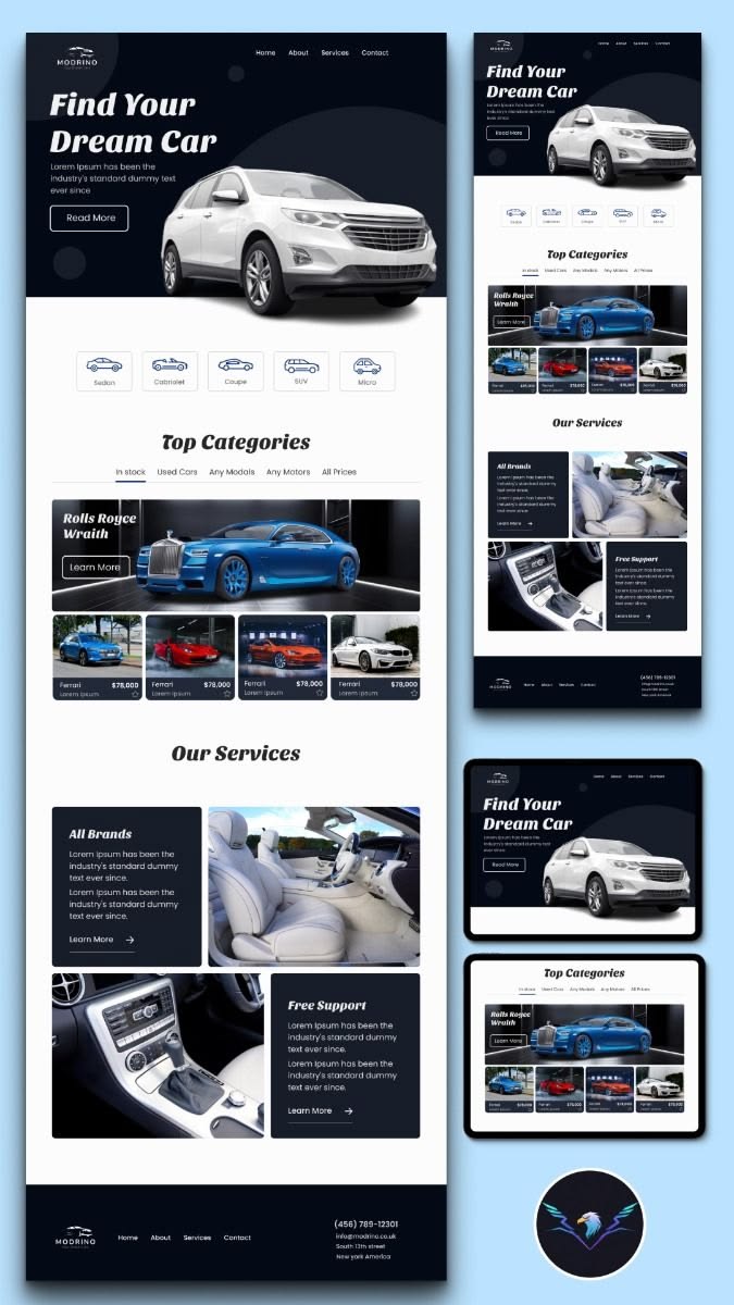 Modrino car dealership website design — hero, categories and services