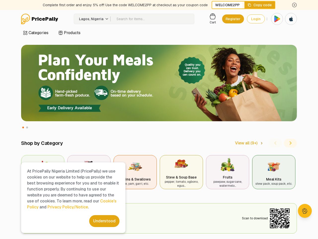 Pricepally grocery e-commerce platform homepage